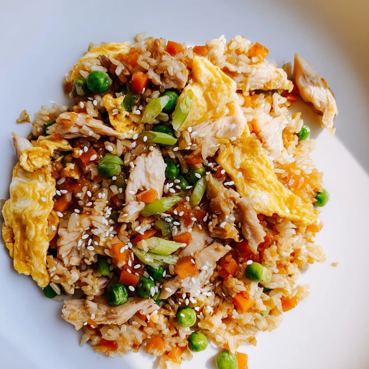 Plate of savory chicken fried rice featuring peas, carrots, and tender egg omelette ribbons ready to serve