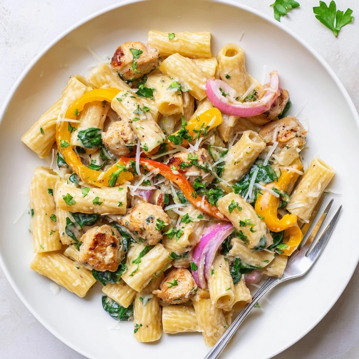 Creamy cowboy butter chicken pasta tossed with colorful bell peppers and fresh herbs in a rich zesty sauce