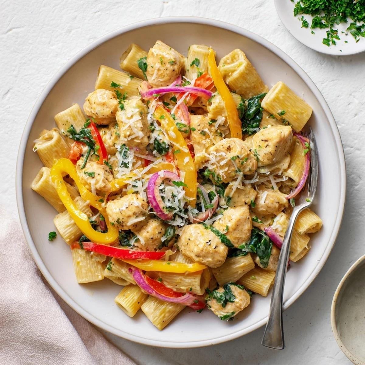 Golden chicken pieces and penne pasta coated in spiced cowboy butter sauce with wilted spinach and parmesan