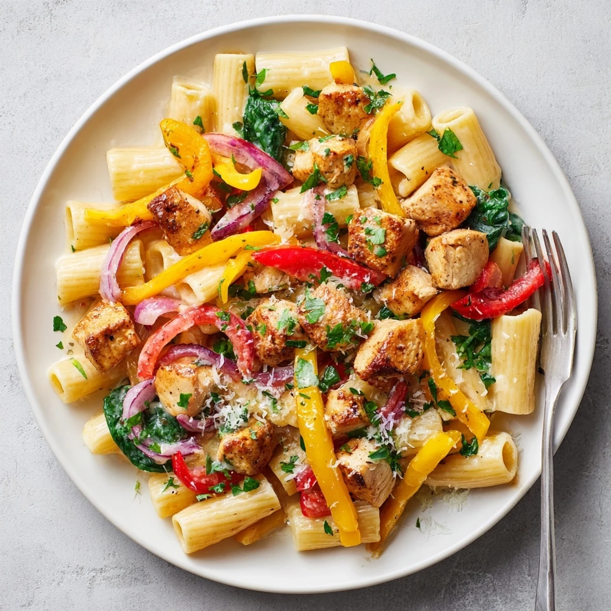 Hearty bowl of cowboy butter chicken pasta featuring tender pasta, peppers, and creamy herb-infused butter sauce