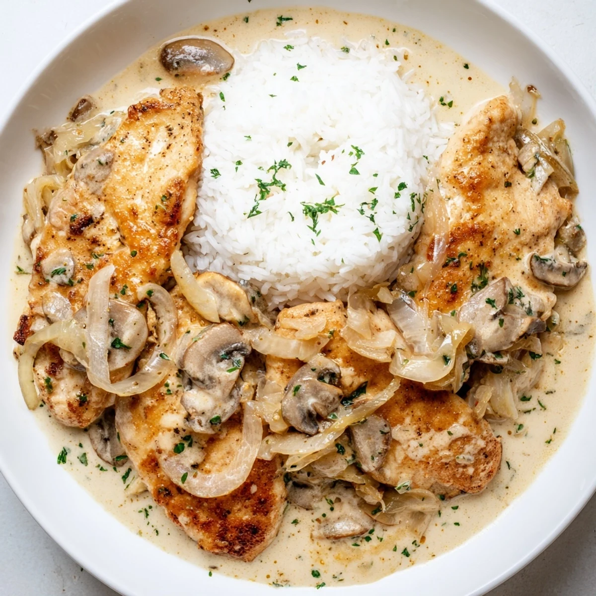 Tender smothered chicken and rice plated with a velvety white sauce and fresh parsley garnish