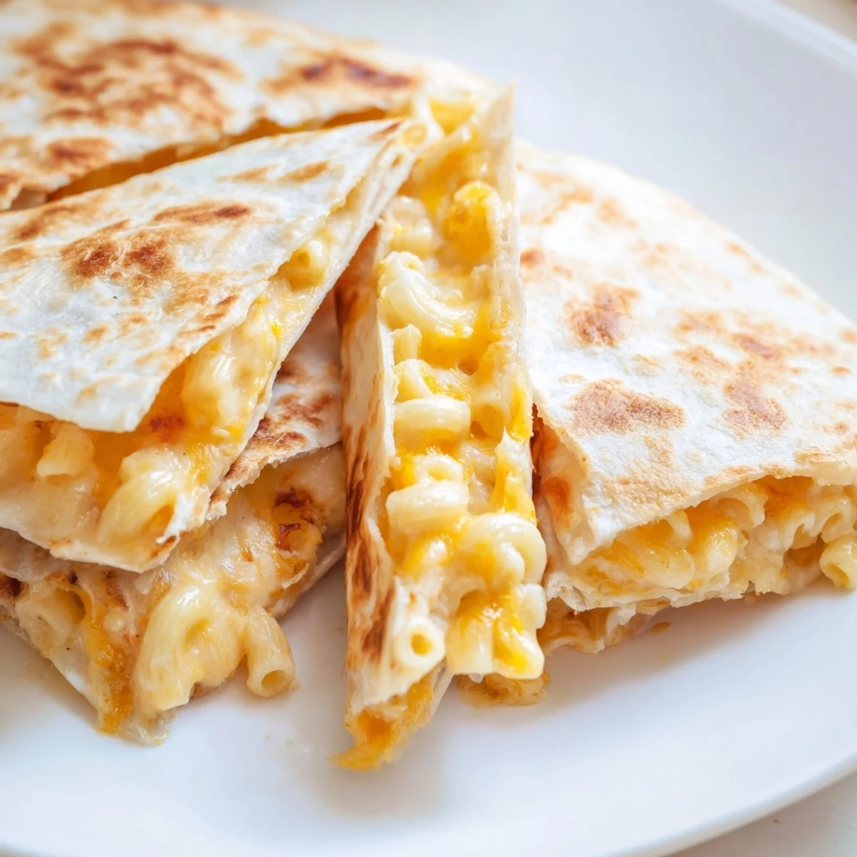 Golden crispy mac and cheese quesadilla cut into wedges revealing creamy pasta filling inside