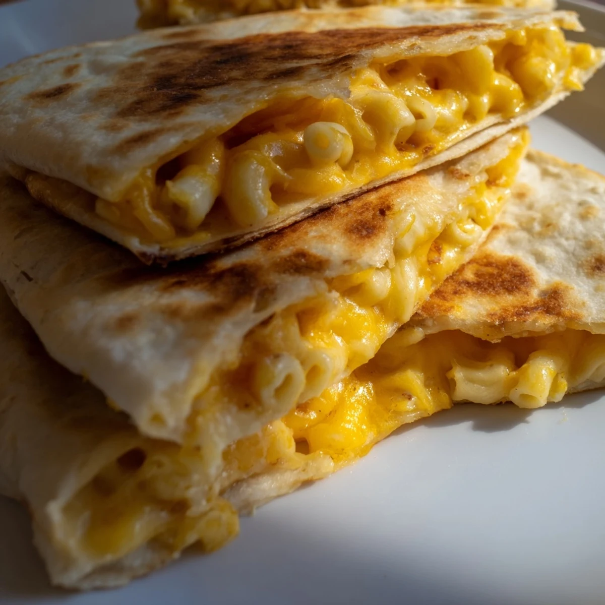 Crispy tortilla stuffed with cheesy macaroni served on a plate with sour cream dip