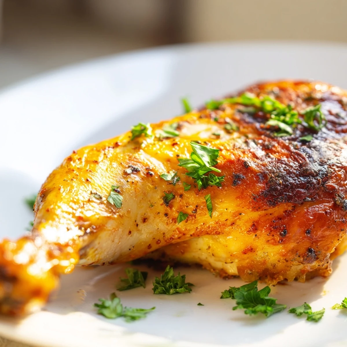 Golden baked chicken leg quarters with crispy seasoned skin roasted on a wire rack