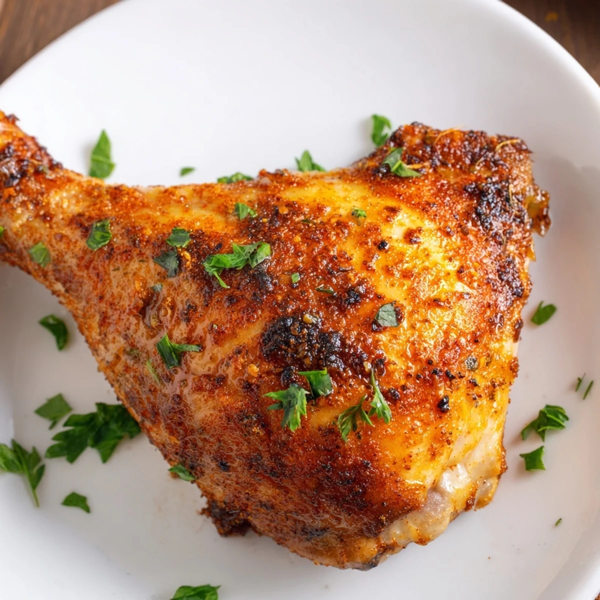 Juicy oven roasted chicken leg quarters with paprika garlic rub served with fresh parsley