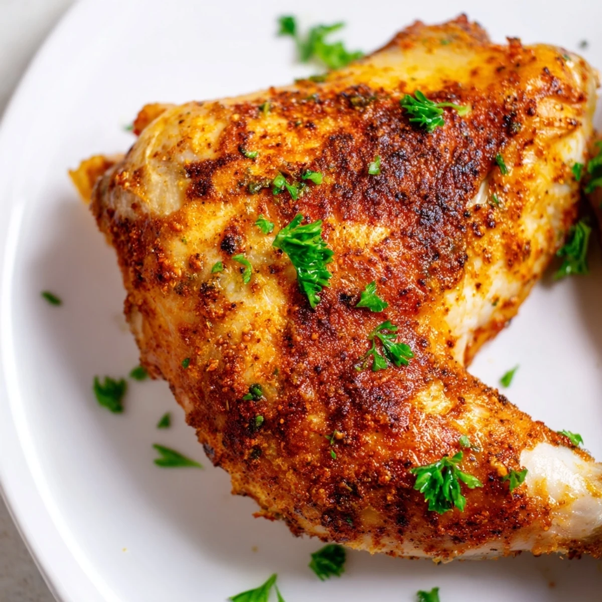 Perfectly baked chicken leg quarters featuring crispy golden skin and tender meat inside