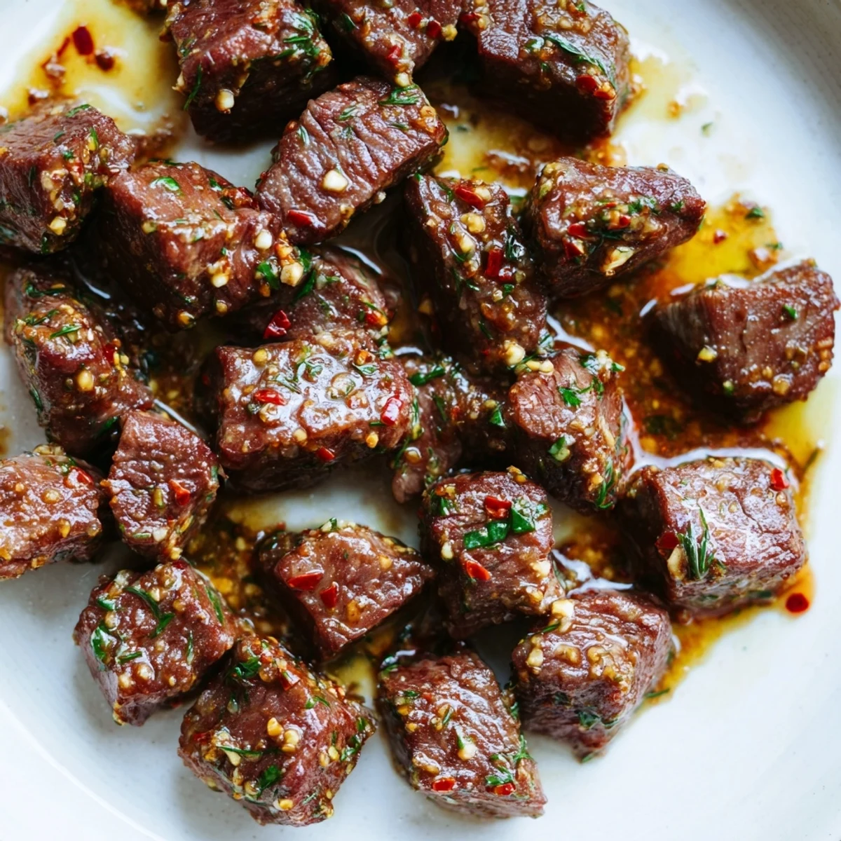 Golden seared cowboy butter steak bites coated in zesty garlic herb sauce with fresh parsley and melted butter