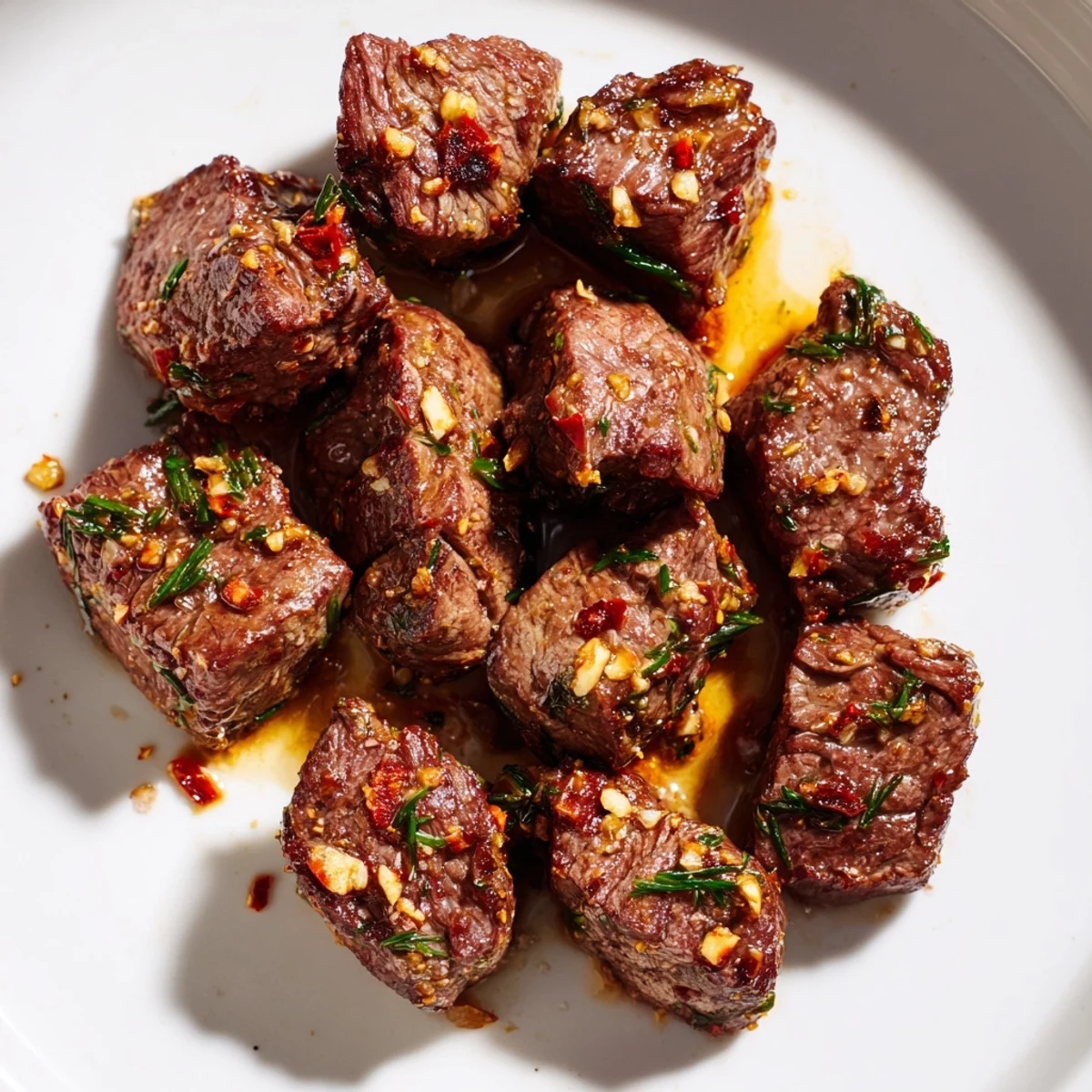 Perfectly pan-seared steak bites swimming in rich cowboy butter glaze topped with chopped chives and dill for serving