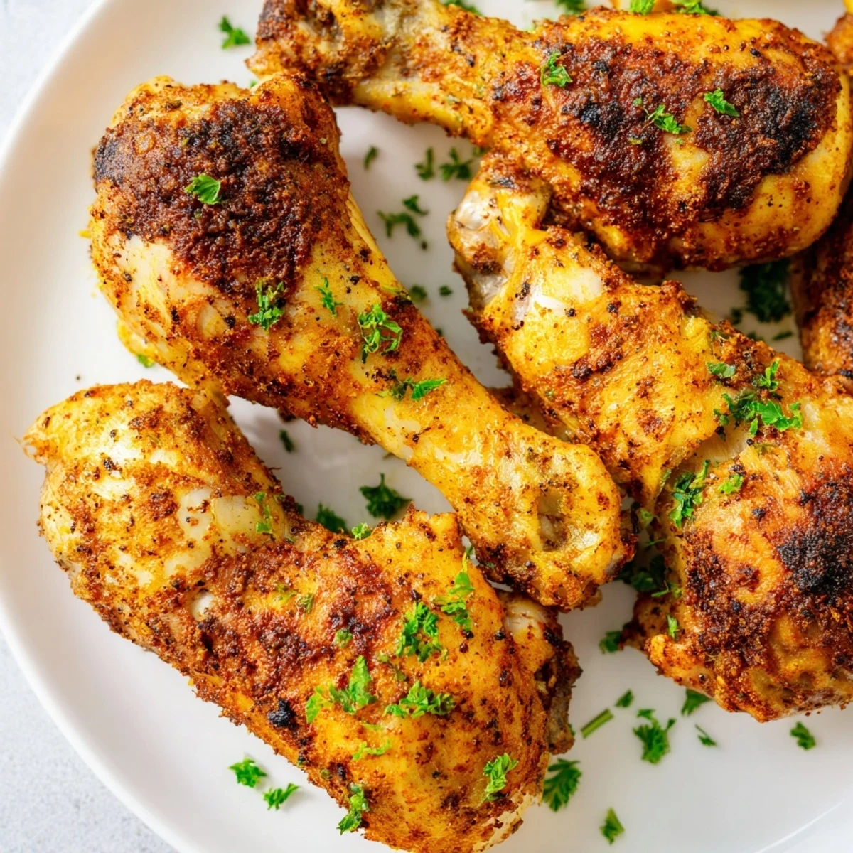 Oven baked chicken legs arranged on a baking sheet with aromatic spice rub and parsley garnish