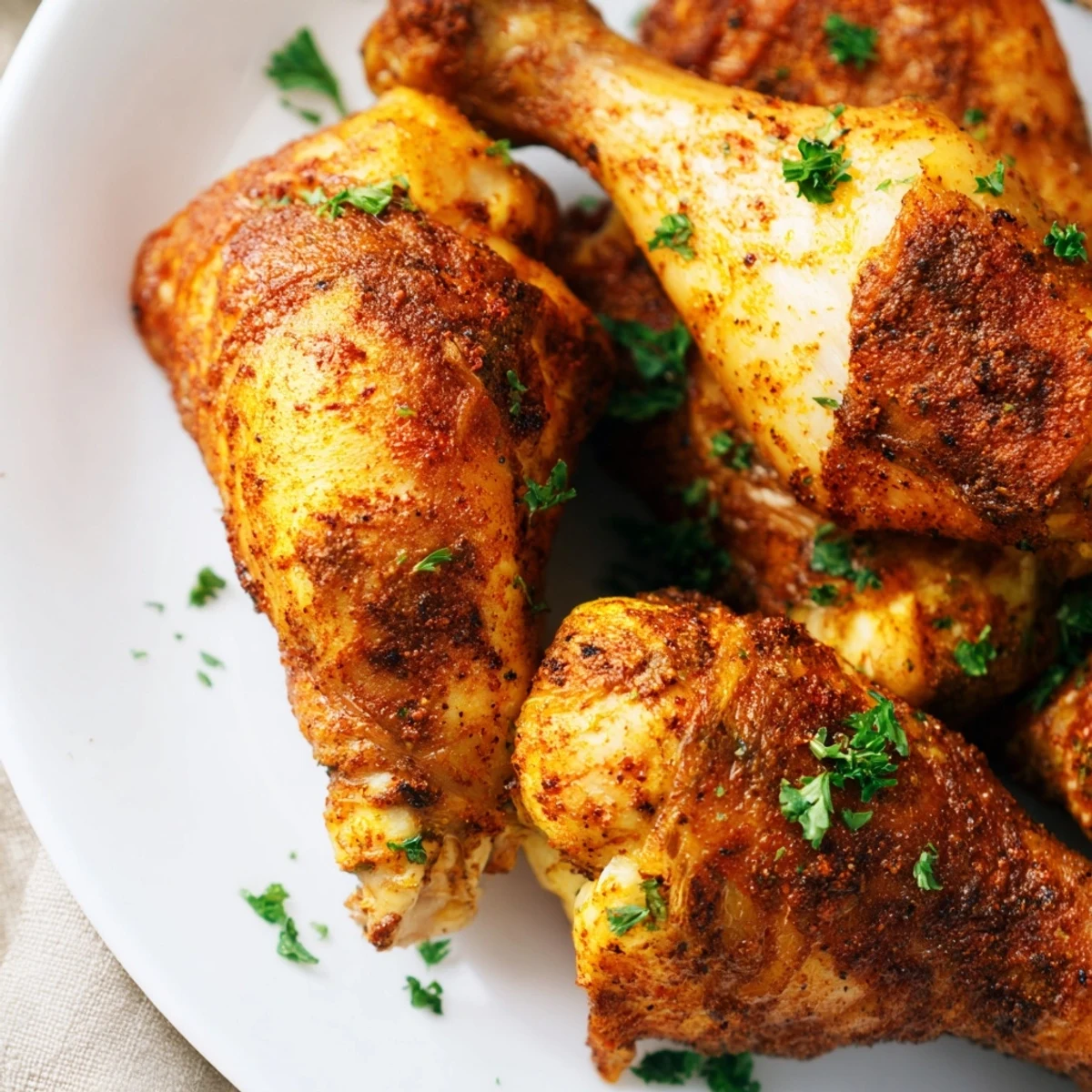 Plate of oven baked chicken legs served with lemon wedges and fresh green parsley sprinkles