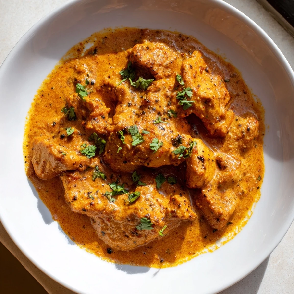 Homemade butter chicken featuring grilled chicken thighs in a vibrant orange curry sauce with cream swirls