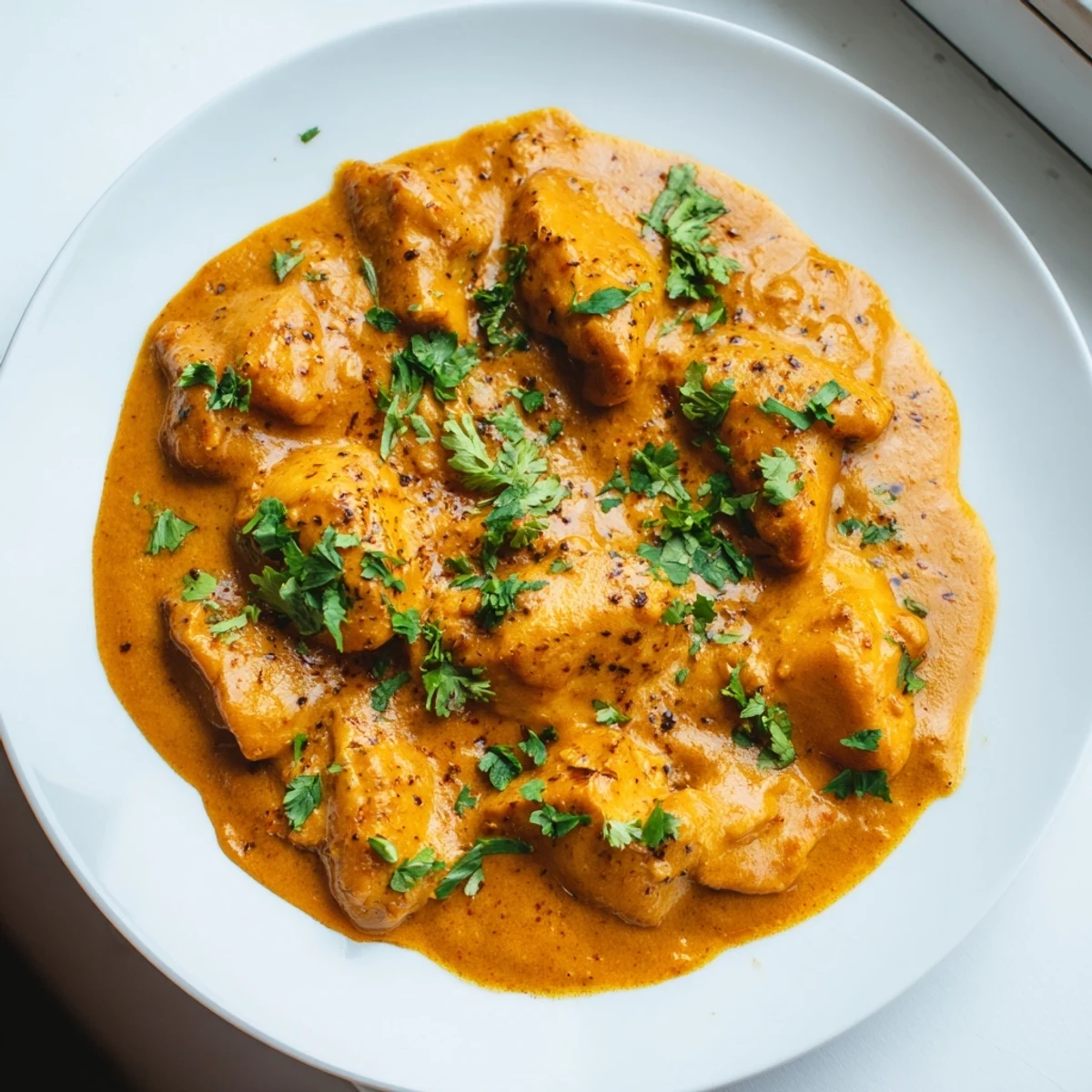 Golden butter chicken served over fluffy rice with naan bread for dipping in the rich velvety sauce