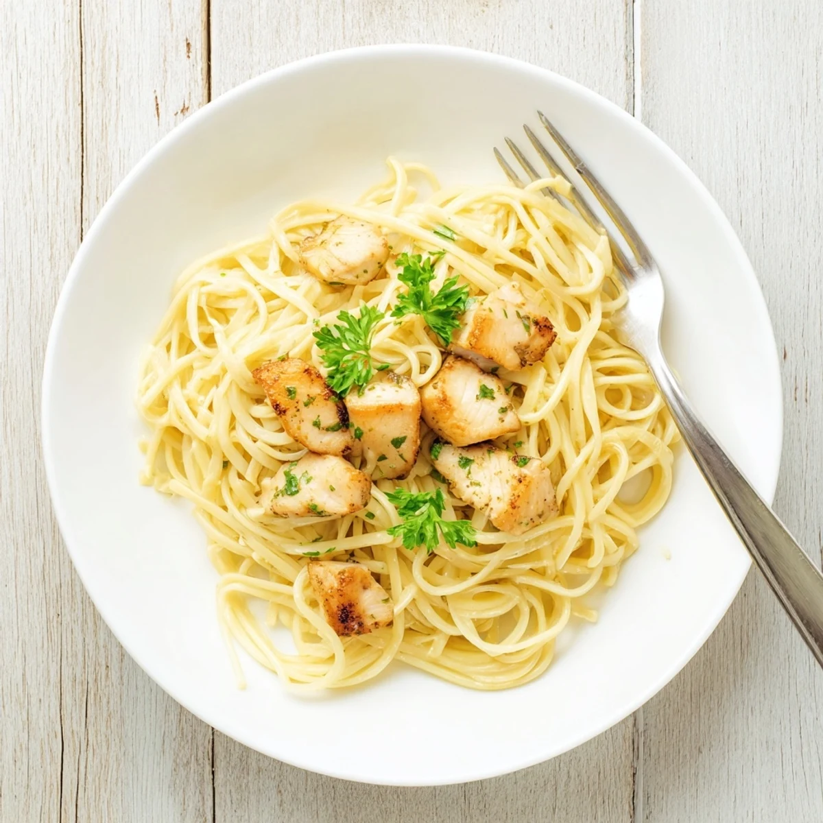 Golden brown chicken breasts resting on buttery egg noodles in a single skillet