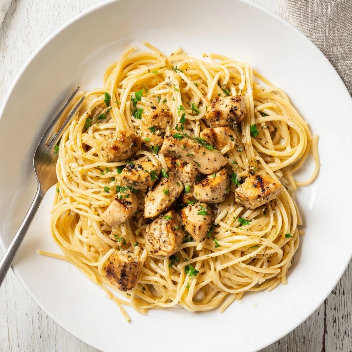 Tender sliced chicken over glossy buttered noodles with fresh parsley garnish in a pan