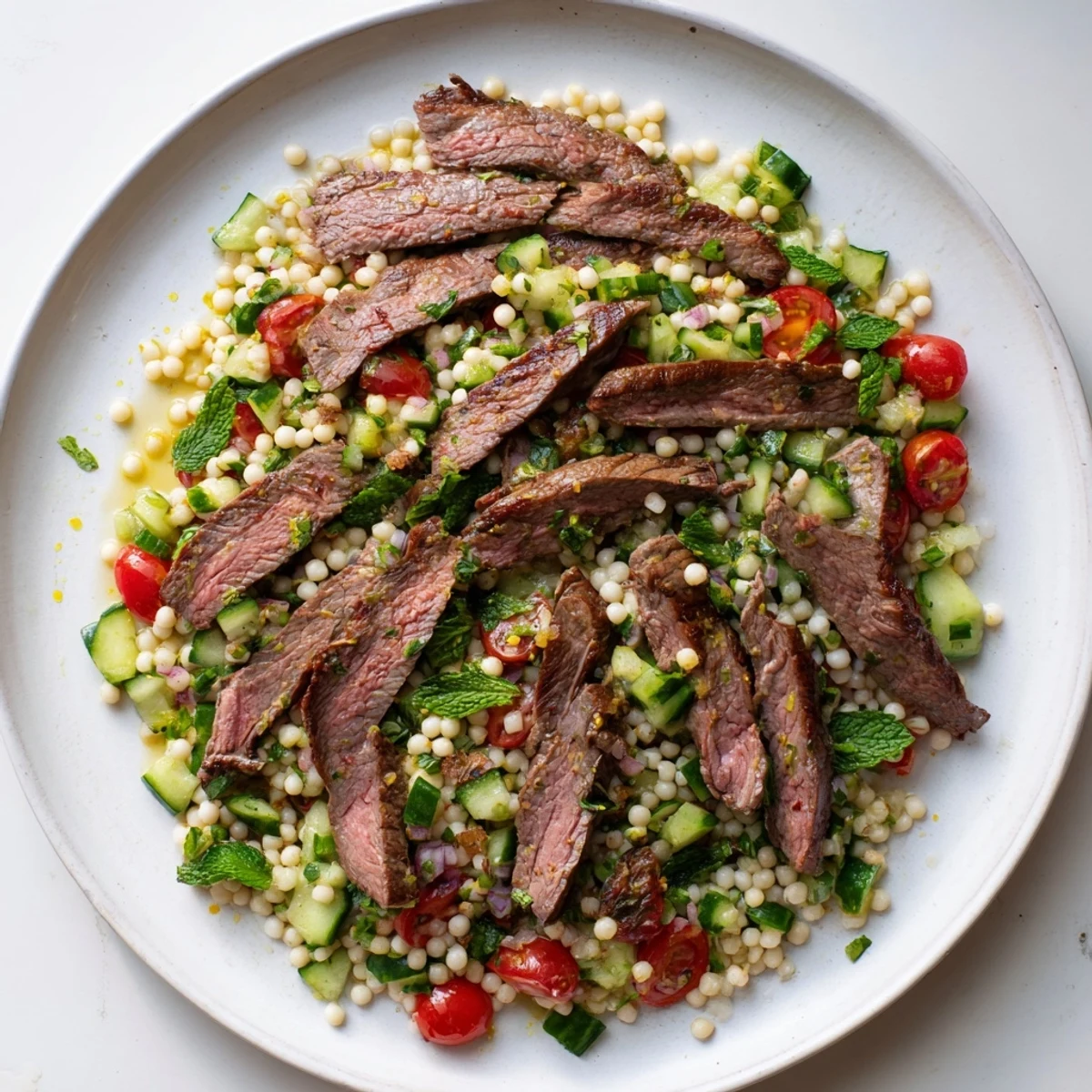 Juicy grilled skirt steak plated atop zesty pearl couscous salad with cherry tomatoes cucumber and mint