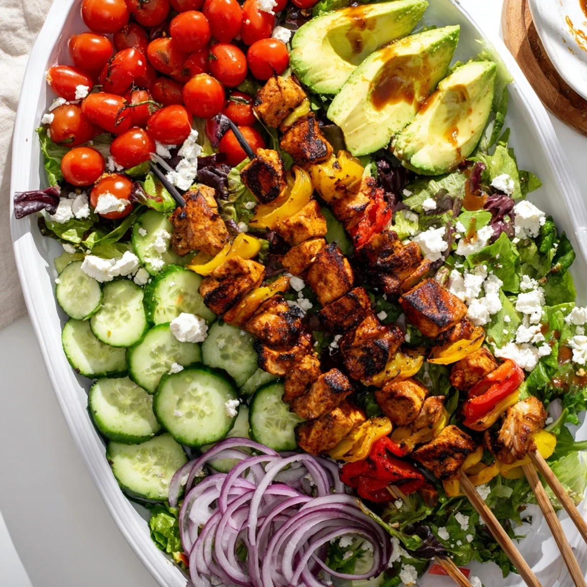 Golden BBQ chicken skewers resting over colorful mixed greens with cherry tomatoes and sliced avocado in a BBQ chicken skewer salad