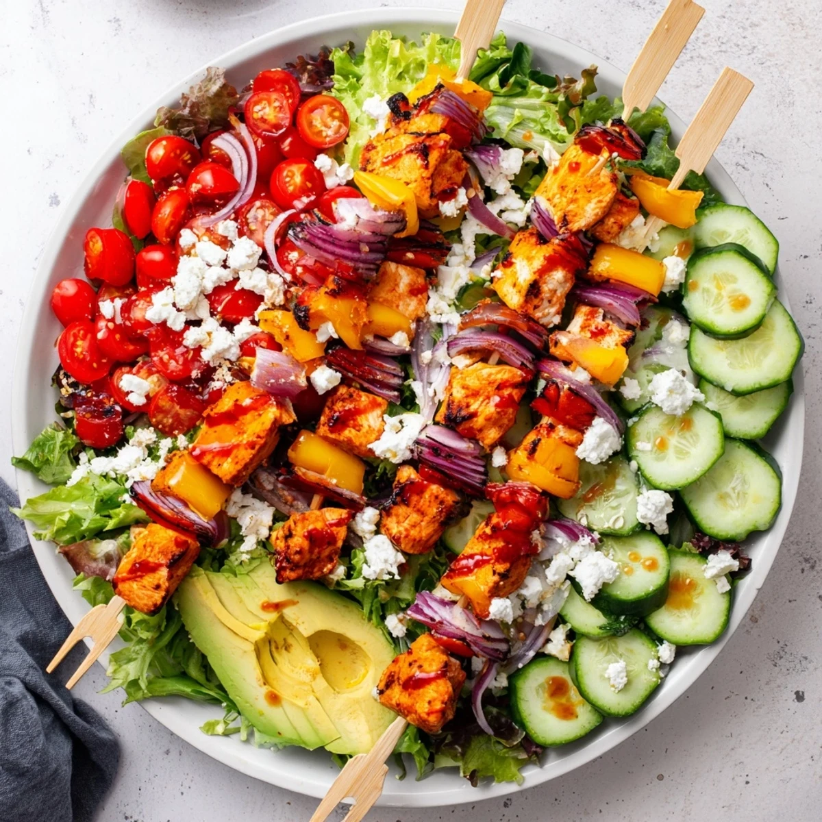 Vibrant summer platter featuring grilled BBQ chicken skewers arranged atop fresh vegetables and crumbled feta for this hearty BBQ chicken skewer salad