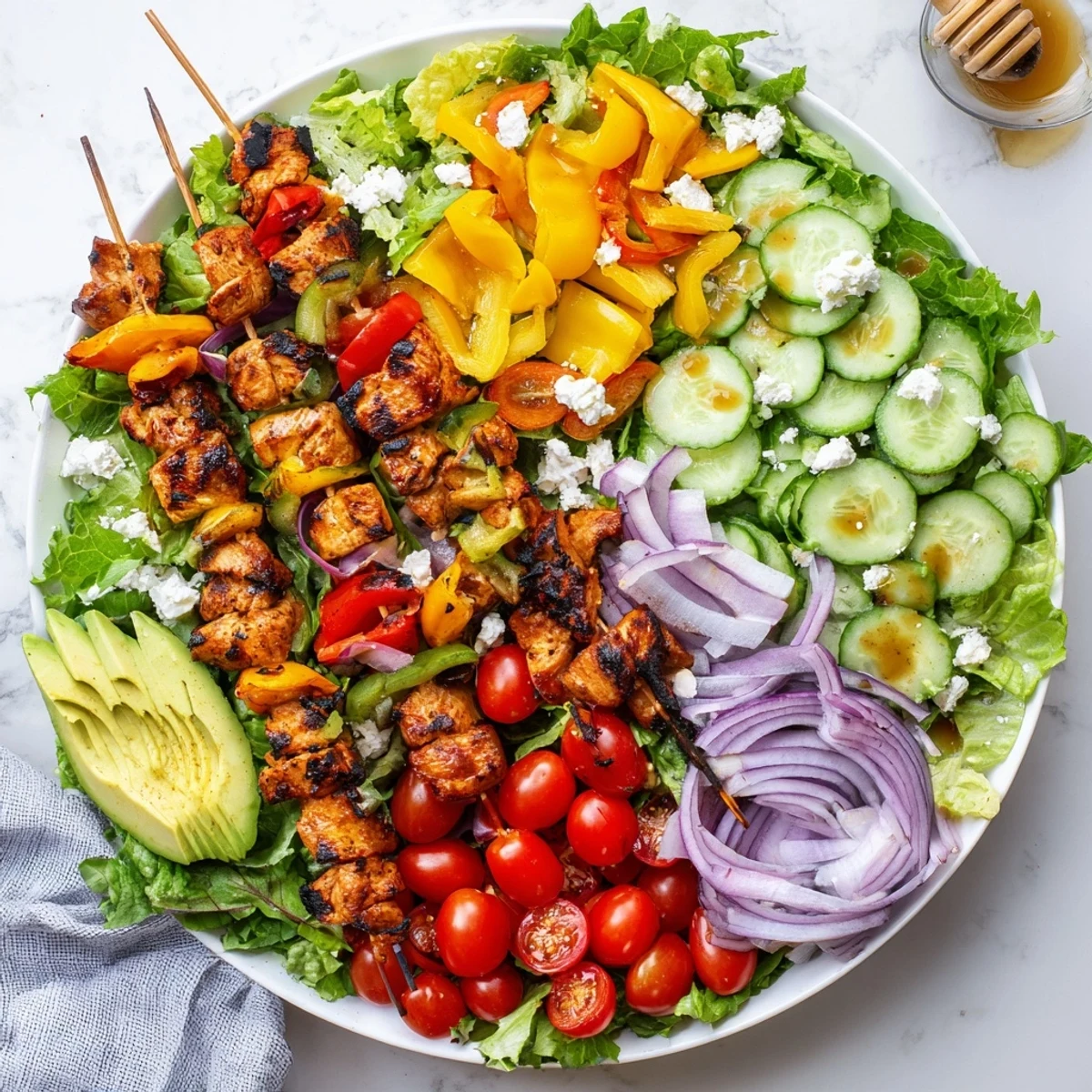 Smokey charred chicken threaded with bell peppers and onions served over crisp salad greens in this BBQ chicken skewer salad