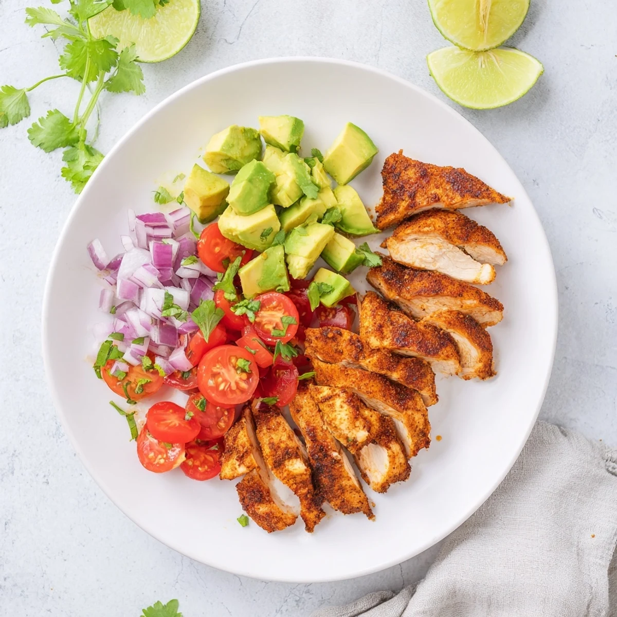 Golden pan-seared honey lime chicken breast slices served over creamy avocado salad with cherry tomatoes and fresh cilantro garnish