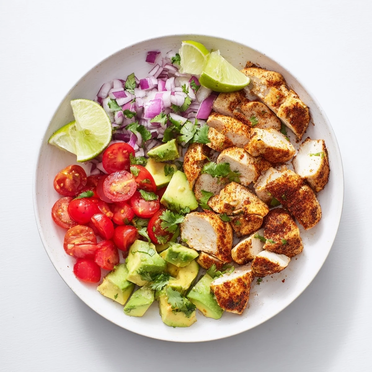 Zesty honey lime chicken thighs resting atop a colorful salad featuring creamy avocado chunks, halved cherry tomatoes, and chopped fresh cilantro