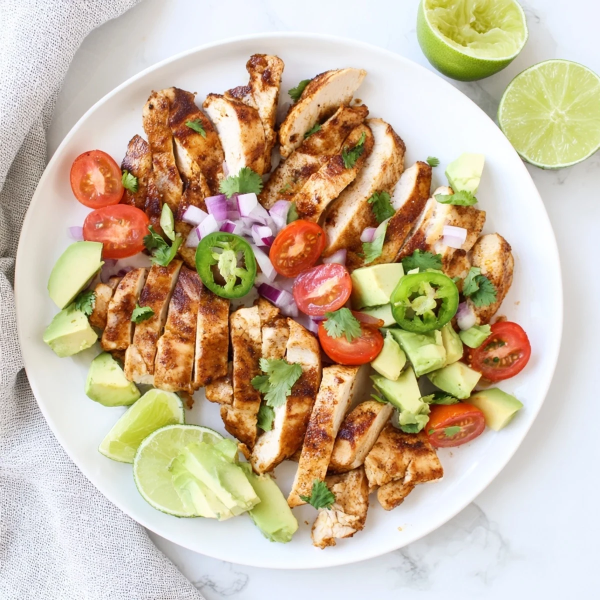 Juicy honey lime chicken breast pieces arranged on a bed of ripe diced avocado, red onion, and vibrant cherry tomato halves