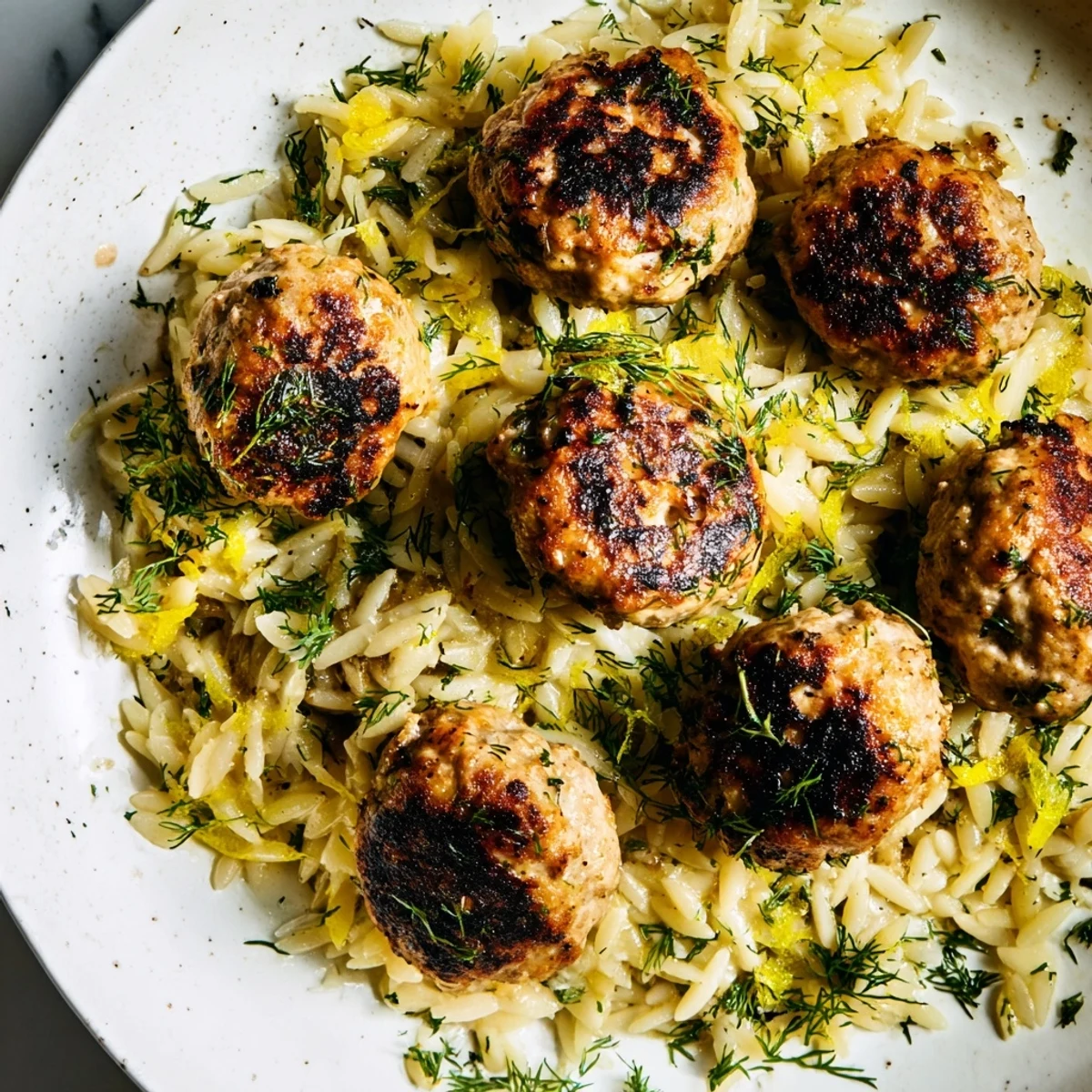 Golden brown Greek chicken meatballs nestled over bright lemon orzo pasta with fresh dill