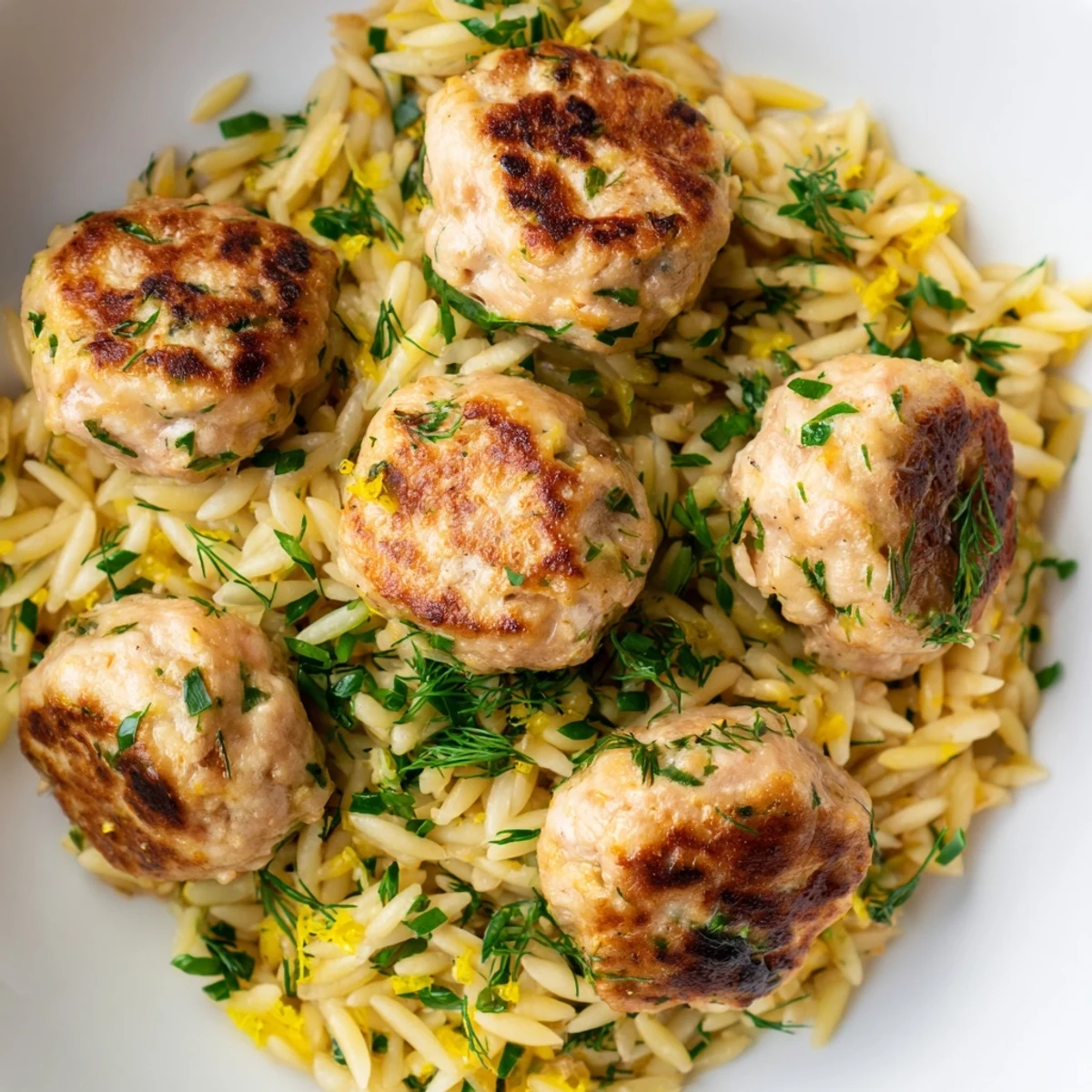 Juicy Greek chicken meatballs with aromatic herbs plated over creamy lemon dill orzo