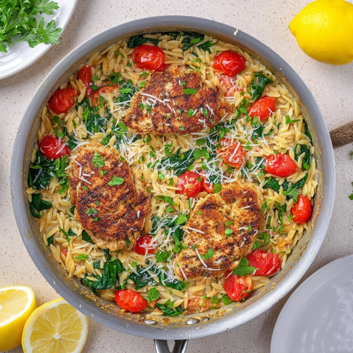 Golden seared chicken breasts nestled in creamy lemon herb orzo with wilted spinach and Parmesan in a deep skillet
