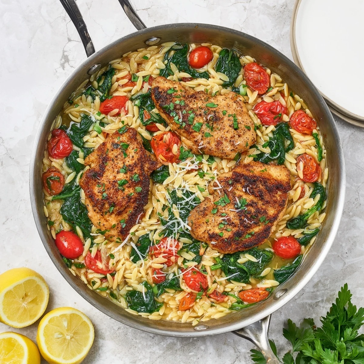 One skillet lemon herb chicken and orzo finished with fresh parsley and lemon wedges for a bright Mediterranean dinner