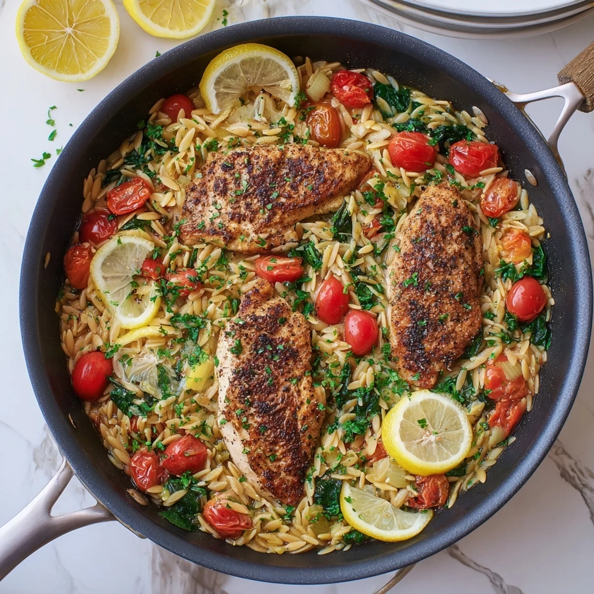Tender juicy chicken atop vibrant orzo pasta with cherry tomatoes and spinach in this easy one pan lemon herb dish