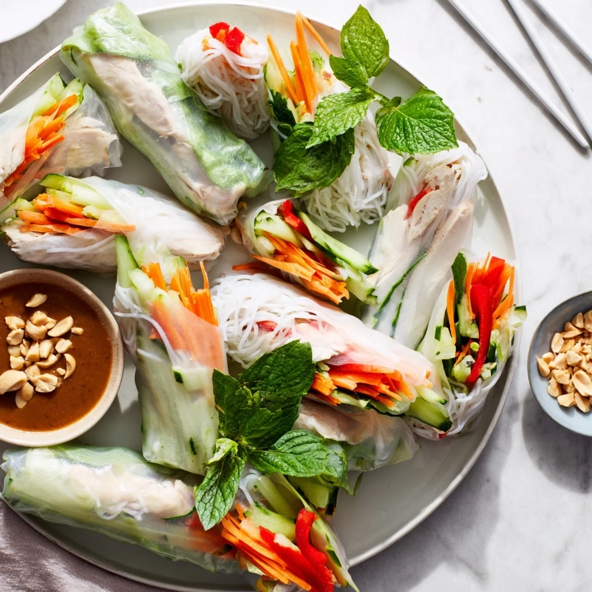 Golden translucent rice paper rolls revealing sliced chicken, crisp julienned vegetables, and fresh green herbs