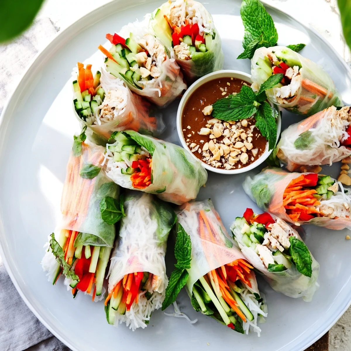 Vibrant Vietnamese summer rolls with tender chicken and colorful vegetables served alongside rich peanut dipping sauce