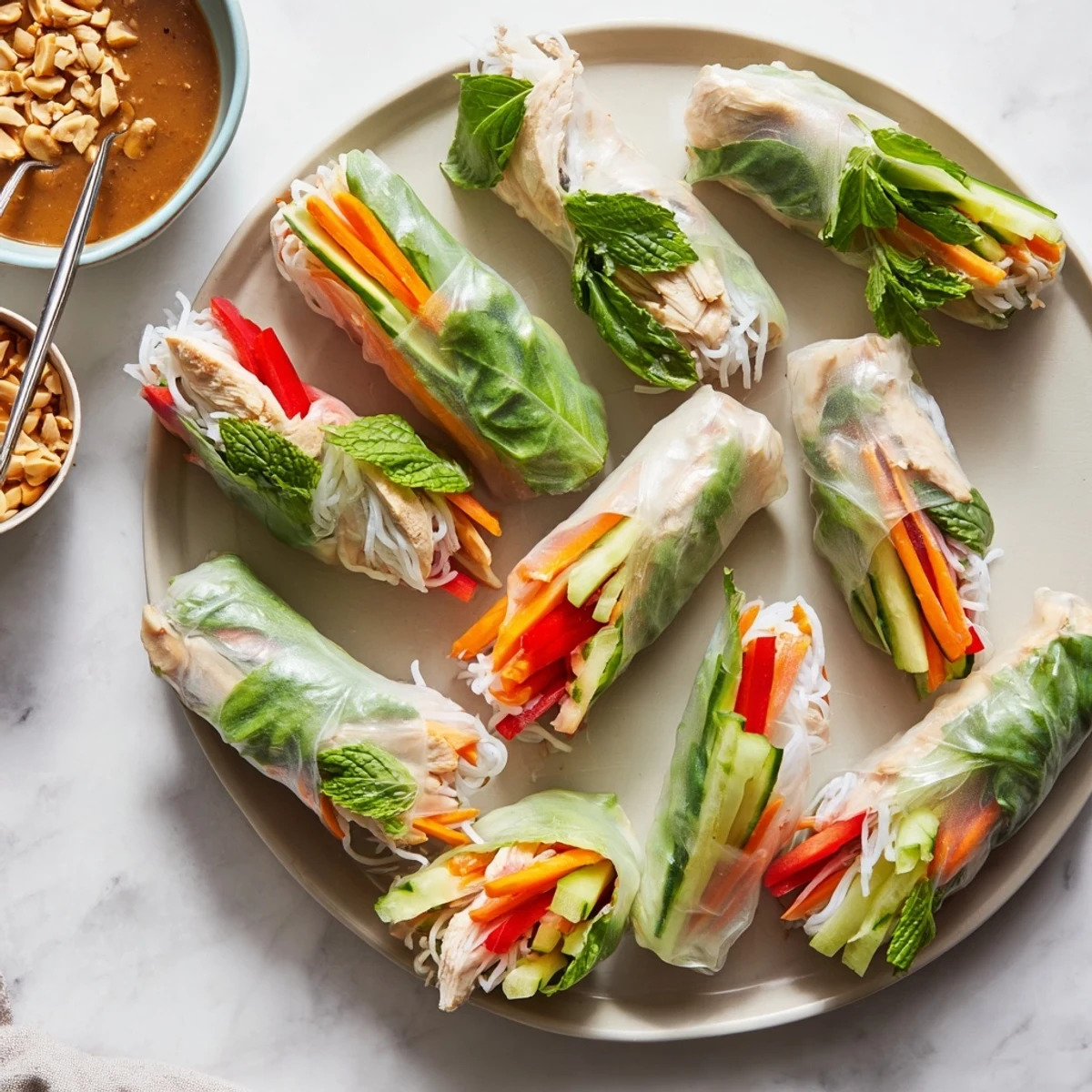 Close-up of fresh chicken summer rolls arranged on plate with mint leaves, cucumber, and hoisin peanut sauce