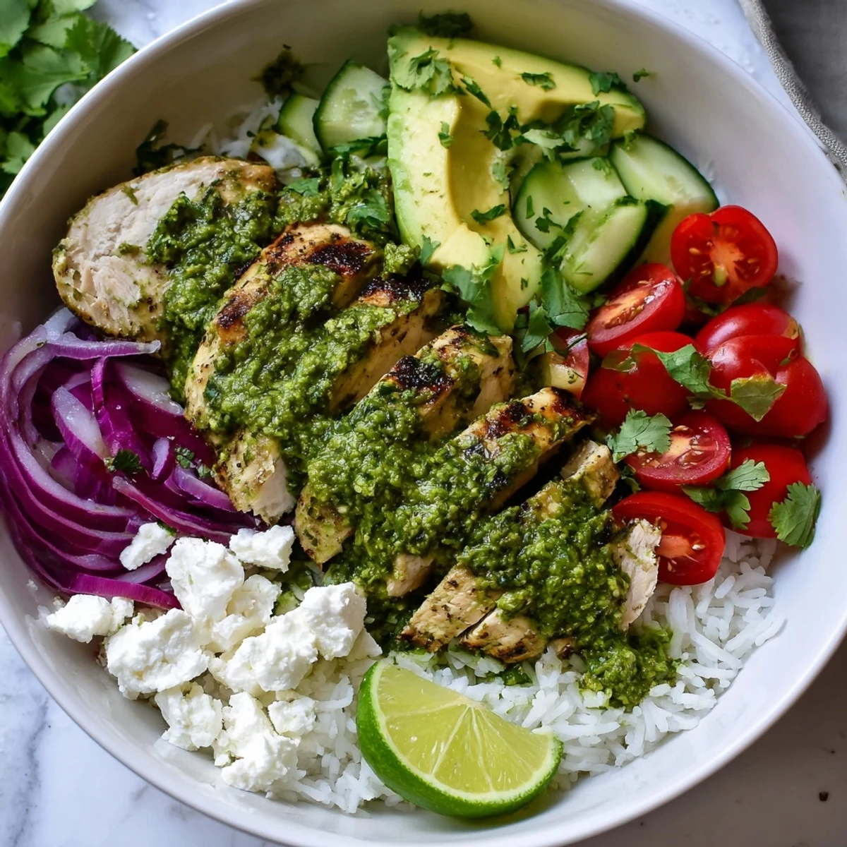 Vibrant Latin American grain bowl with sliced chimichurri chicken and colorful fresh vegetables