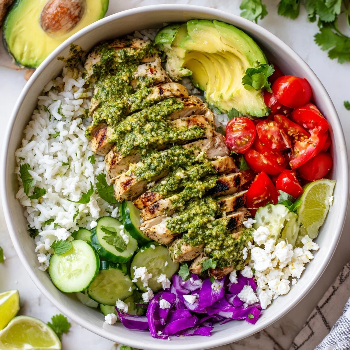 Juicy grilled chicken marinated in zesty chimichurri sauce served over fluffy white rice