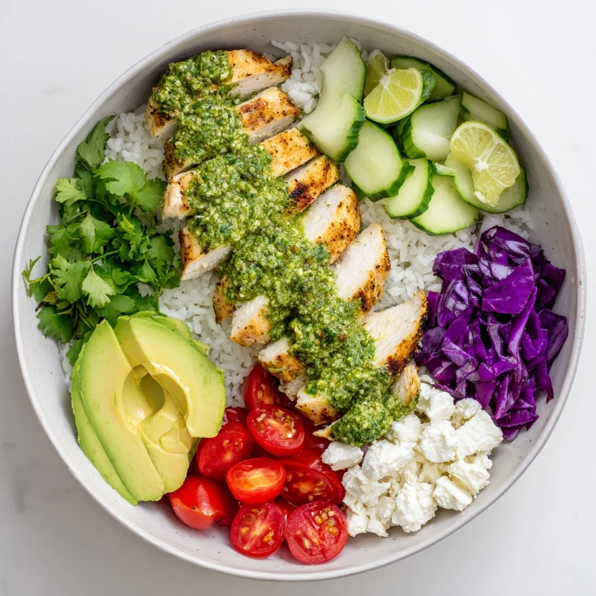 Golden grilled chicken breast topped with fresh parsley chimichurri and creamy garlic drizzle