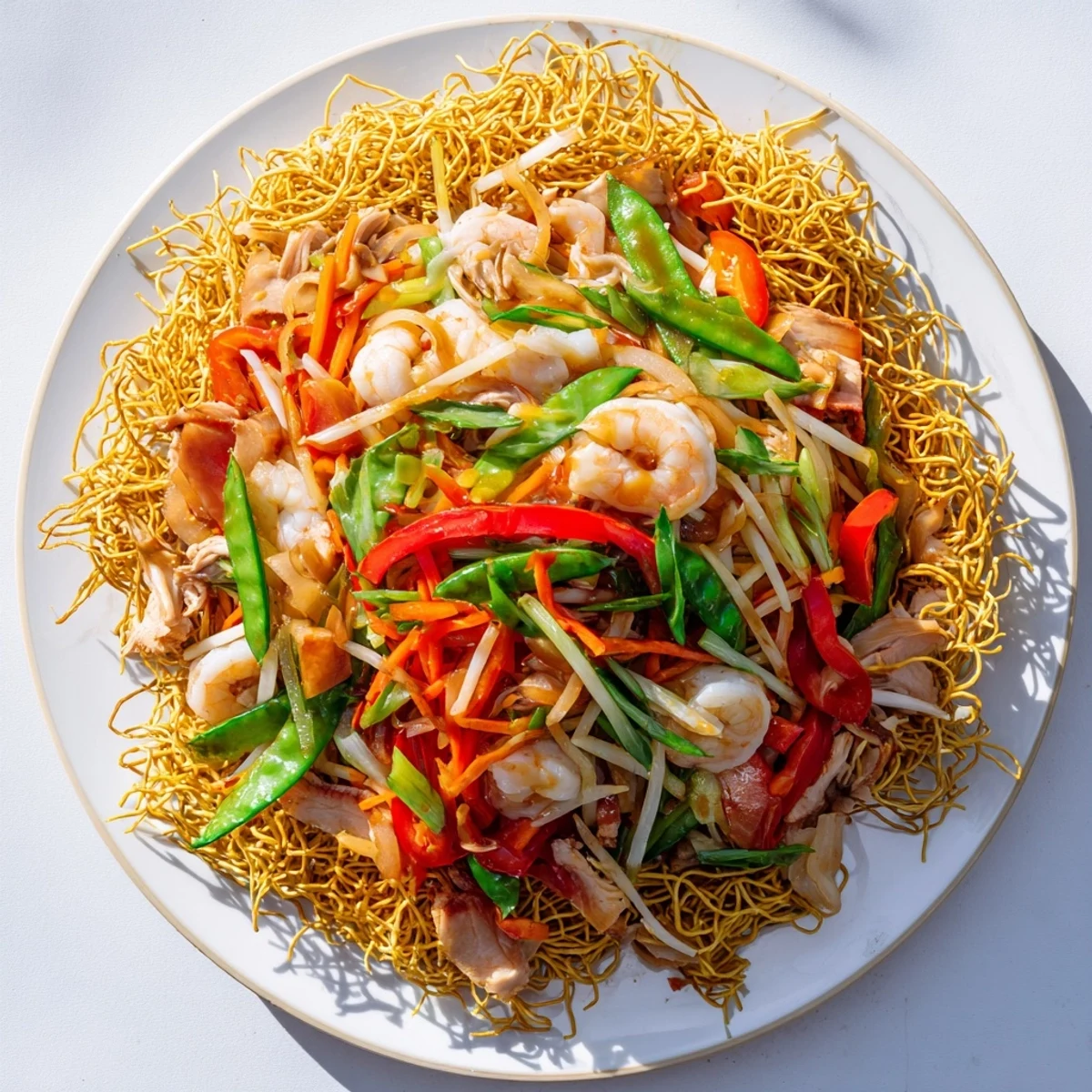 Steaming plate of Cantonese Chow Mein featuring crispy egg noodles, succulent seafood, and julienned vegetables