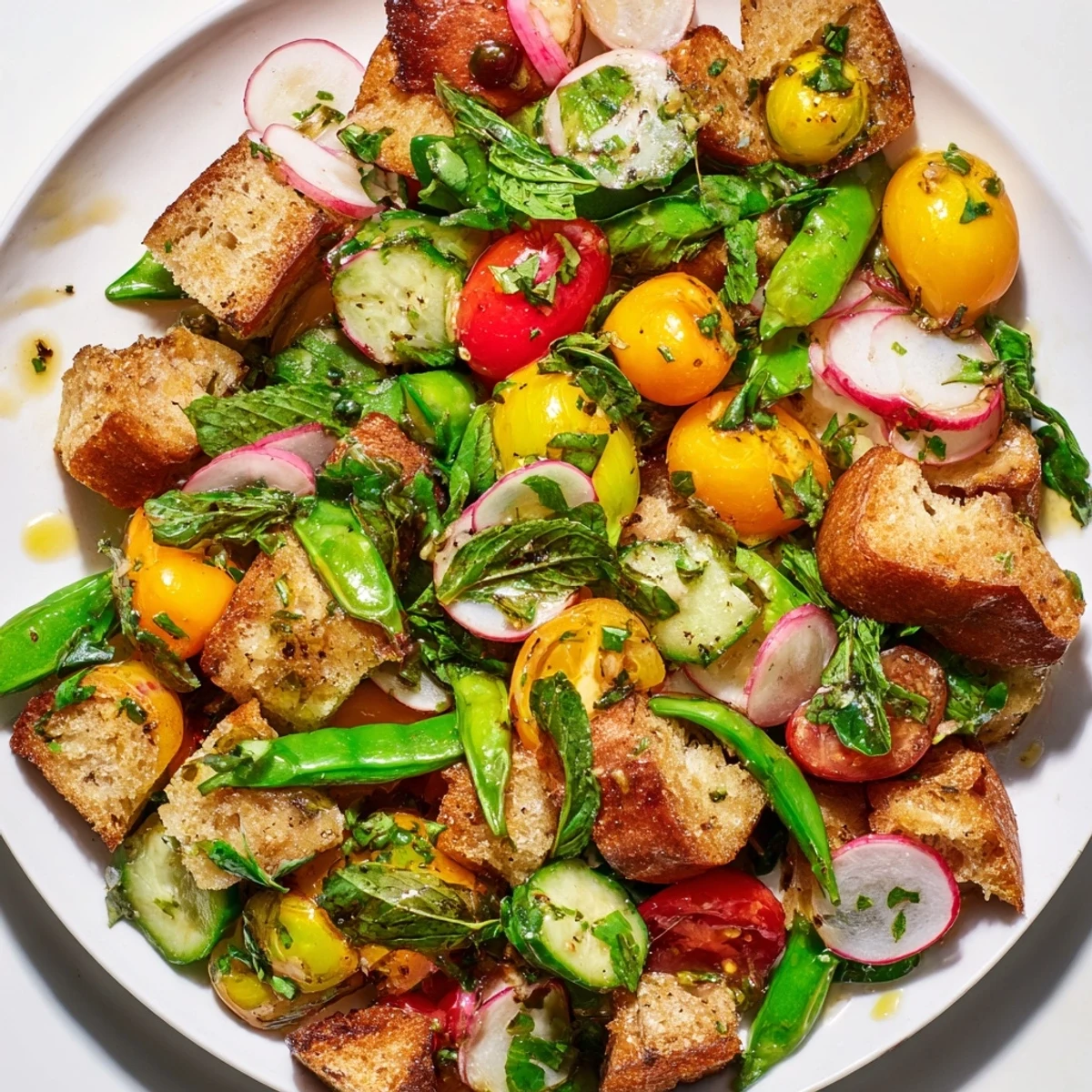 Golden bread cubes tossed with crisp spring vegetables and fresh herbs in a vibrant Spring Panzanella salad bowl