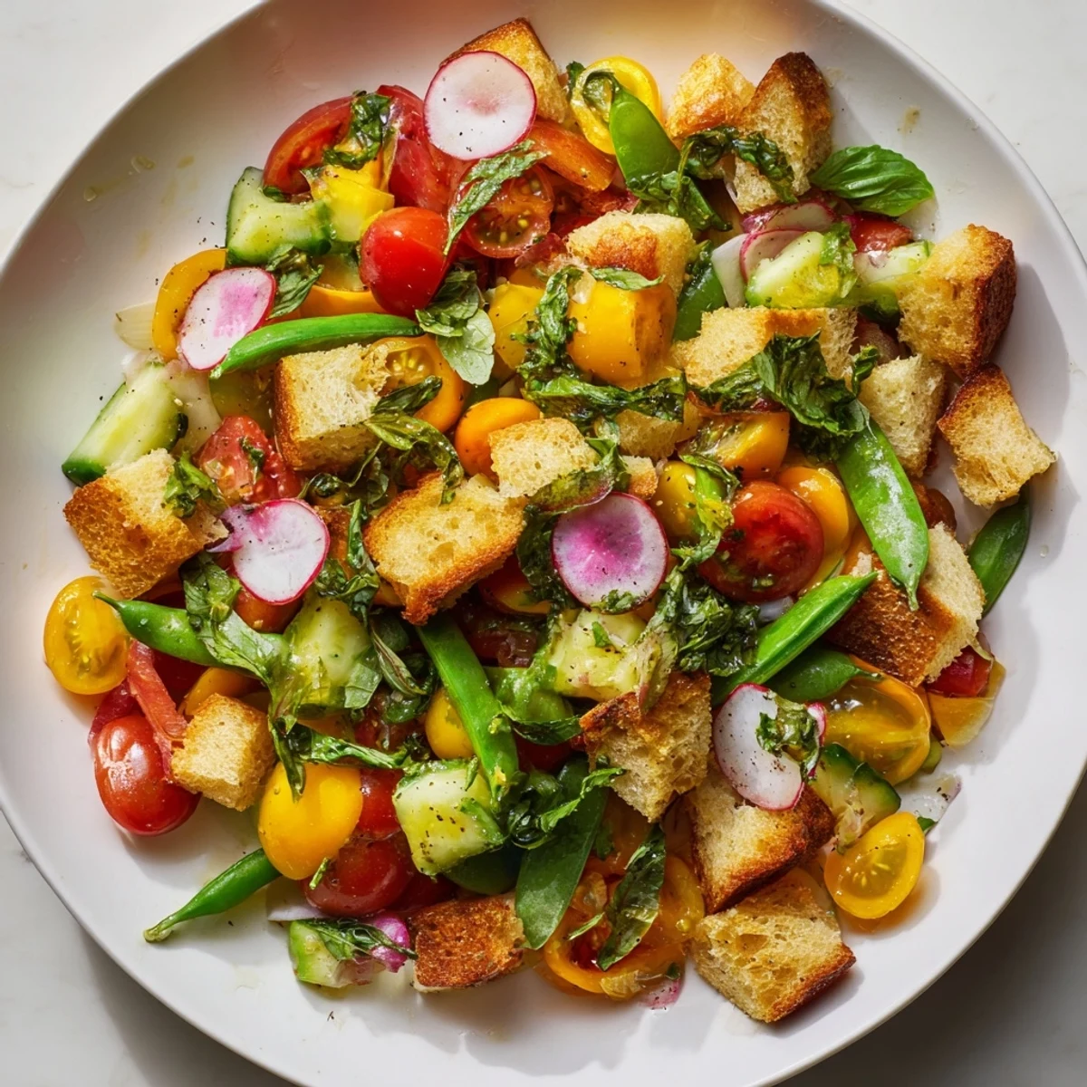 Colorful Italian Spring Panzanella featuring cherry tomatoes, cucumber, and radishes with toasted ciabatta croutons