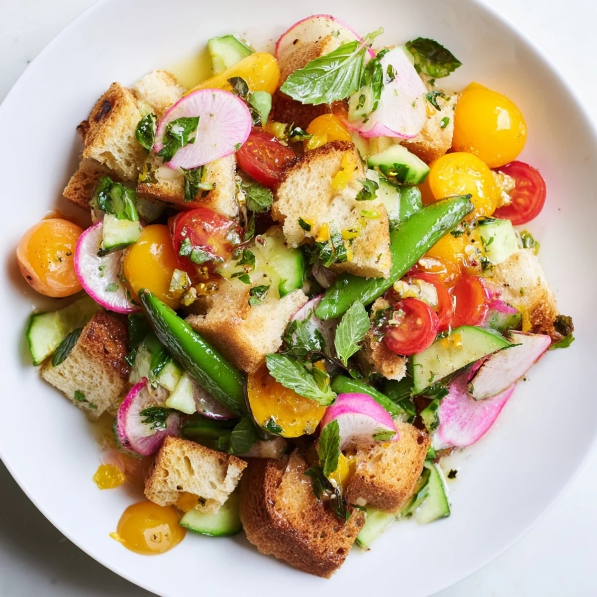 Fresh Spring Panzanella bread salad with snap peas, bell peppers, and aromatic mint basil dressing