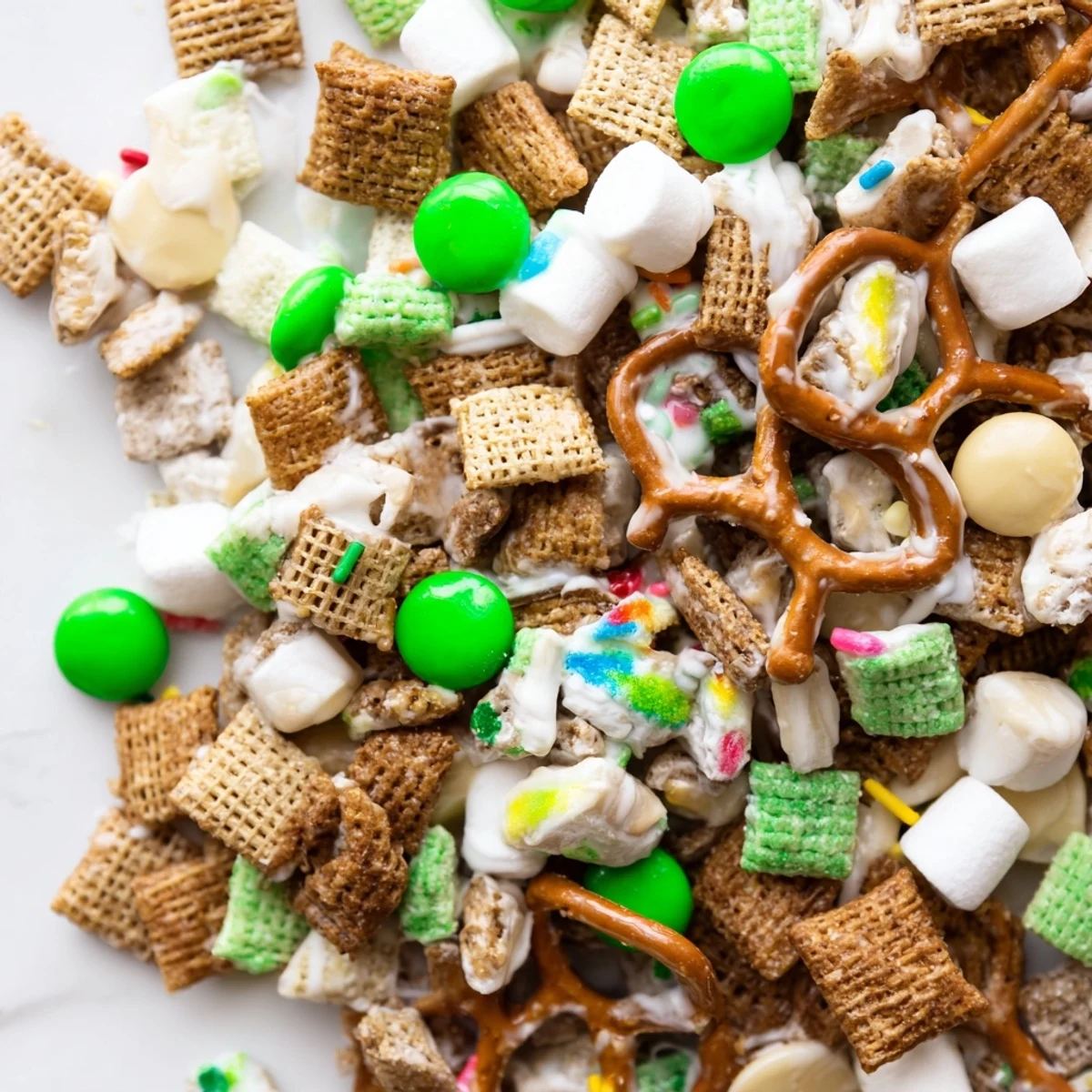 Colorful Leprechaun Bait snack mix with green candies and rainbow sprinkles on white chocolate coated cereal
