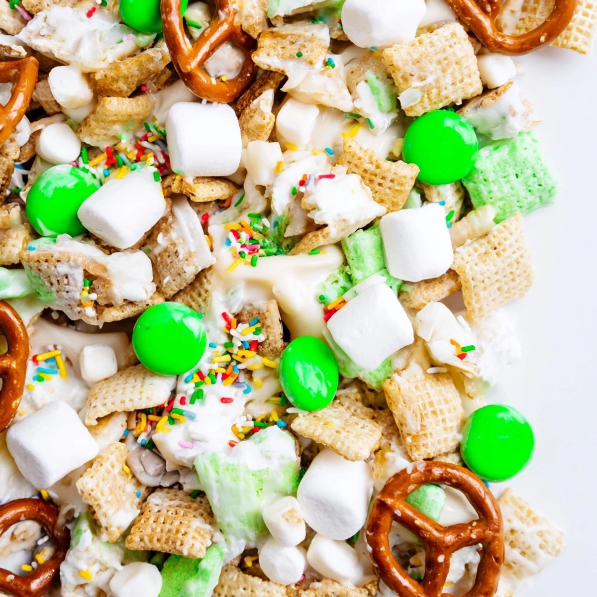Sweet and salty Leprechaun Bait featuring popcorn pretzels marshmallows and melted white chocolate drizzle