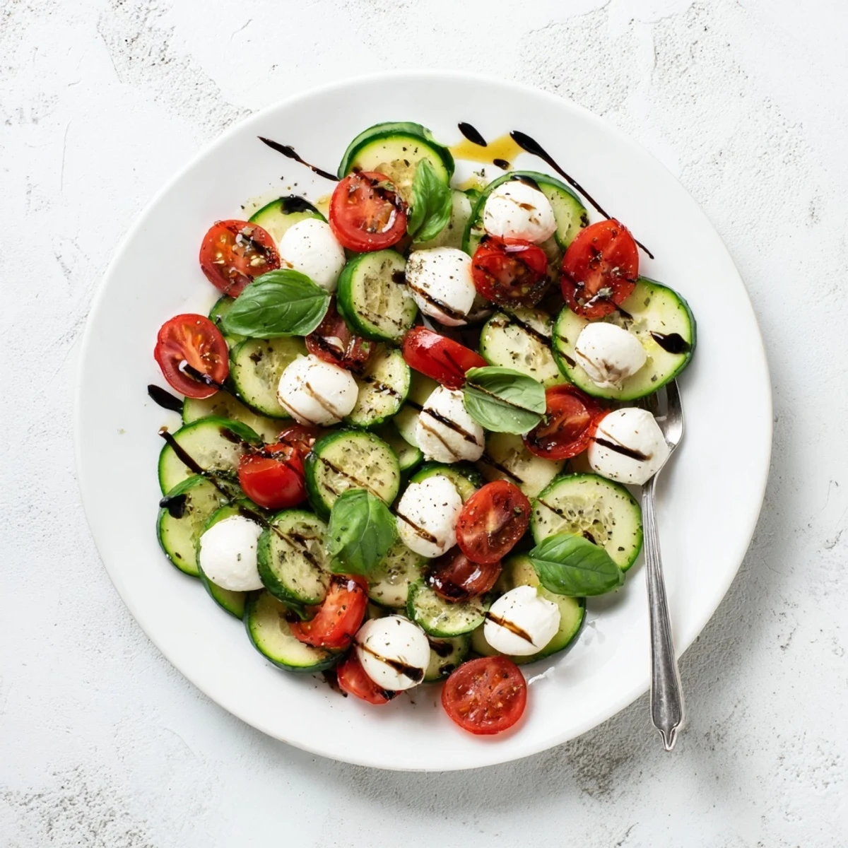 Fresh cucumber Caprese salad layered with mozzarella pearls, basil, and balsamic glaze drizzle