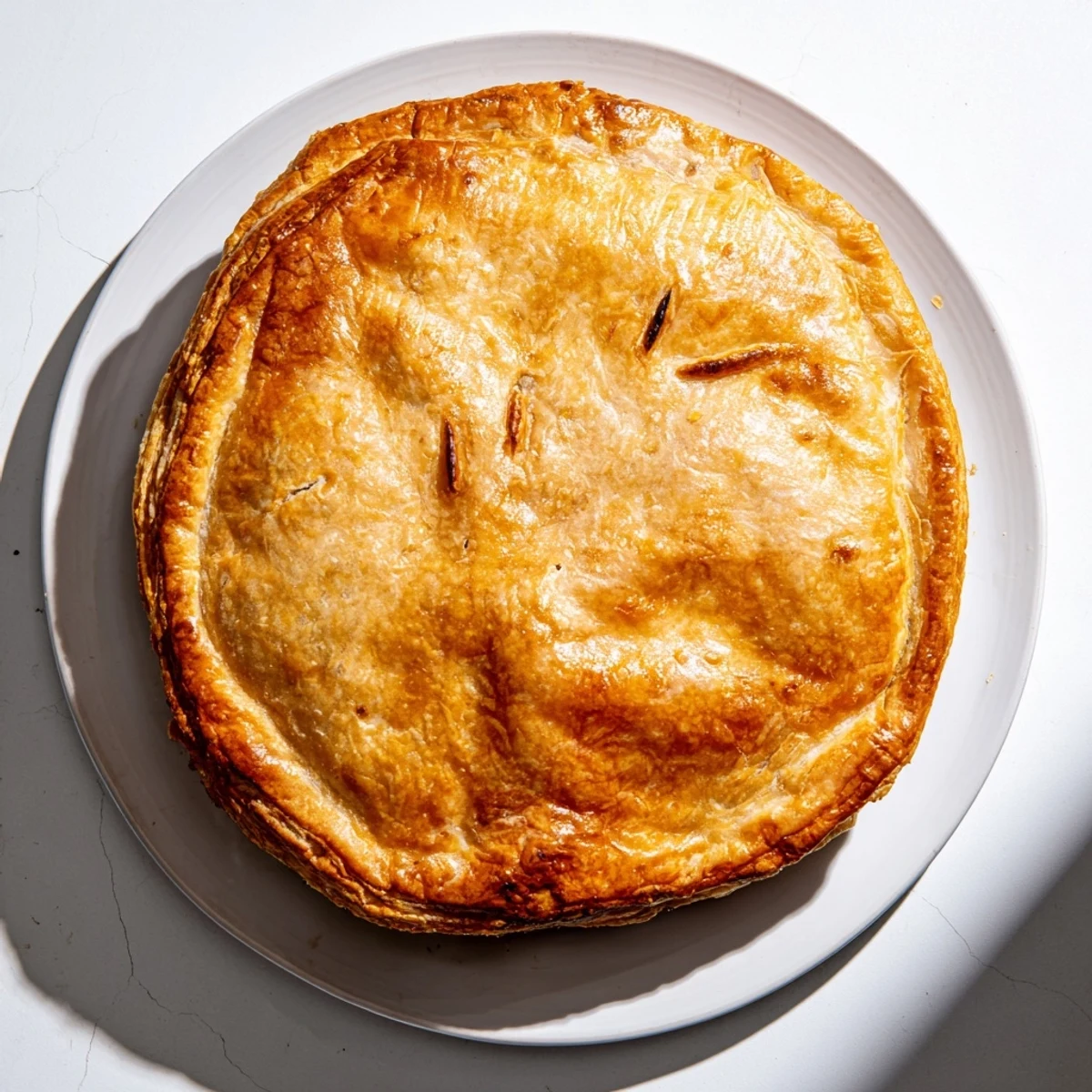 Golden rustic chicken ricotta and herb pie with flaky puff pastry crust on a white serving plate