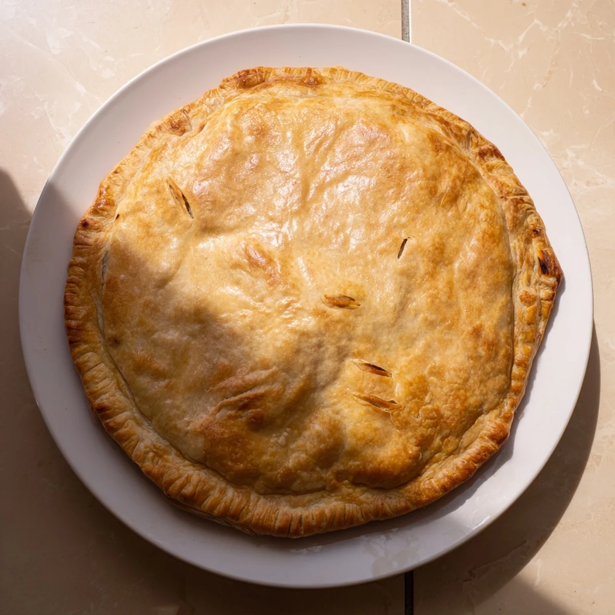 Savory chicken ricotta and herb pie sliced to reveal creamy filling with fresh parsley and thyme