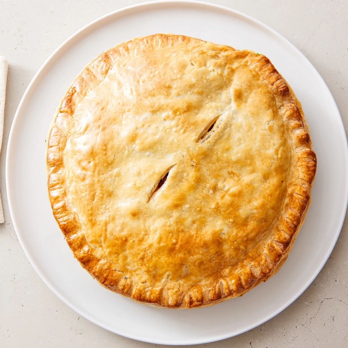 Homemade chicken ricotta and herb pie baked until golden brown with steam rising from the crust