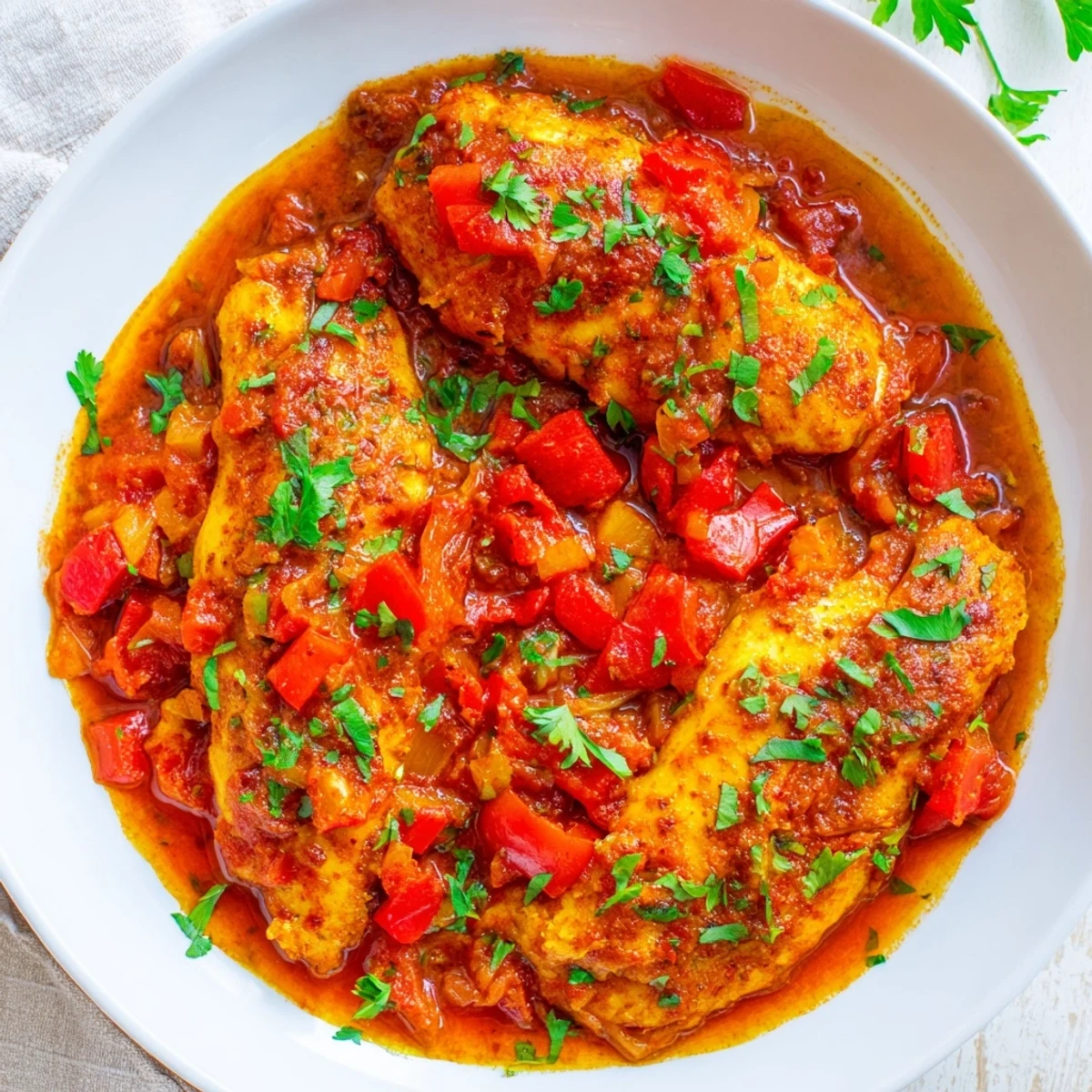 Golden white fish fillets nestled in rich Moroccan tomato sauce with vibrant red pepper and fresh green herbs