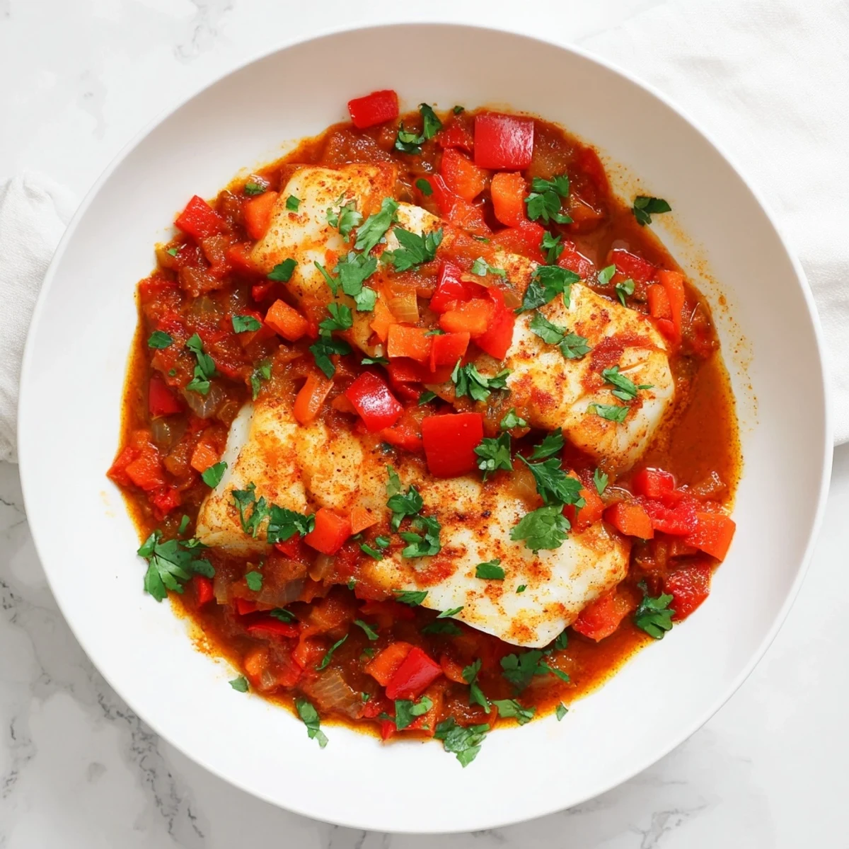 Flaky fish simmered gently in spiced tomato sauce topped with chopped cilantro and parsley in a deep skillet