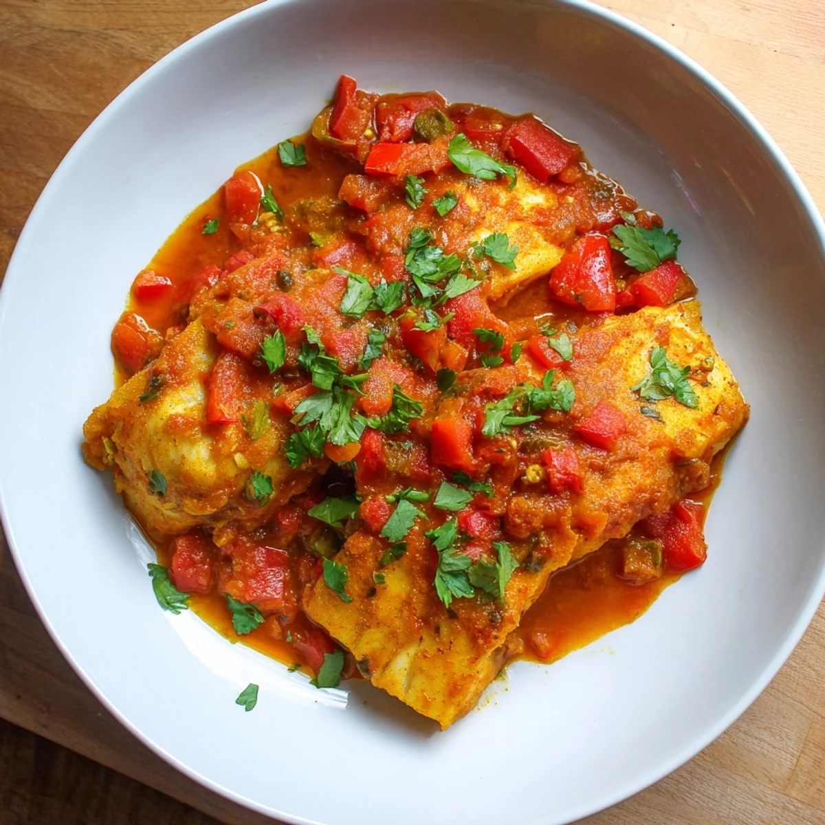Moroccan braised fish steaming hot in aromatic red tomato sauce with specks of cumin and paprika visible