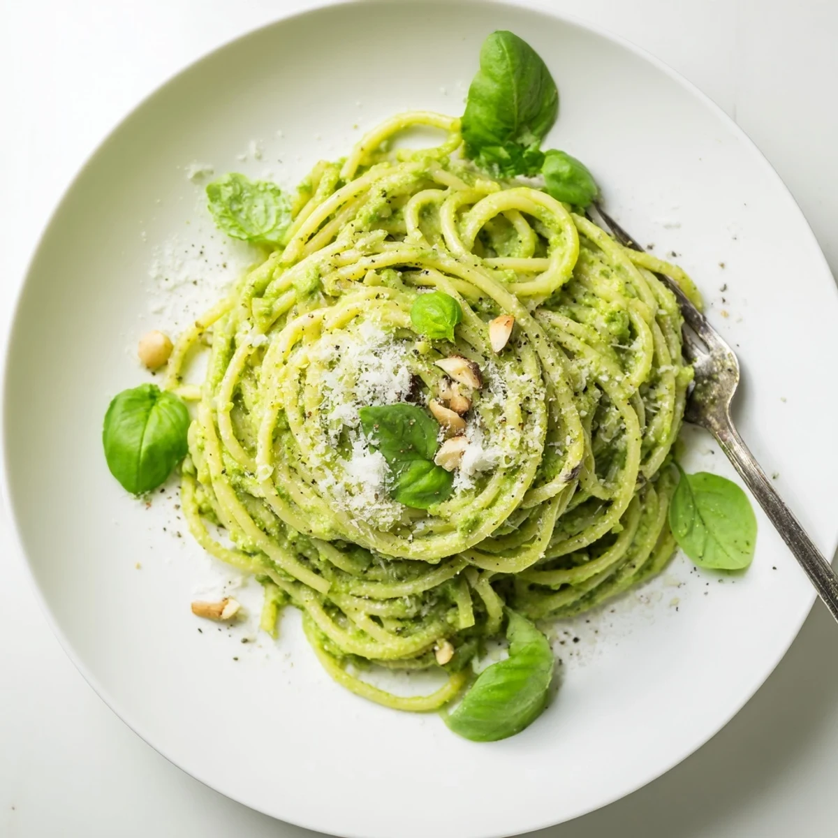 Creamy avocado spinach and basil pesto spaghetti tossed with al dente noodles and fresh green herbs